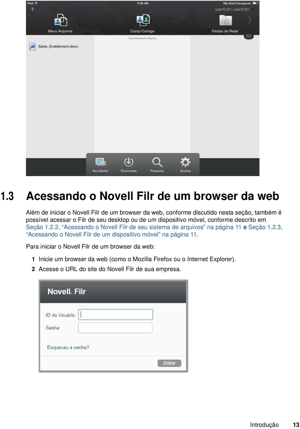 2, Acessando o Novell Filr de seu sistema de arquivos na página 11 e Seção 1.2.3, Acessando o Novell Filr de um dispositivo móvel na página 11.
