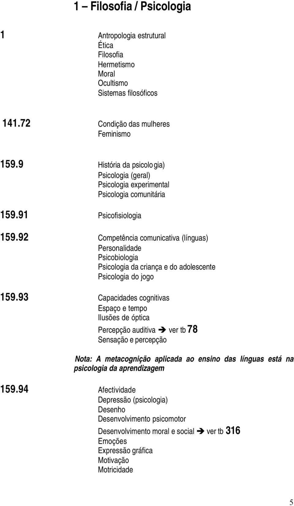 92 Competência comunicativa (línguas) Personalidade Psicobiologia Psicologia da criança e do adolescente Psicologia do jogo 159.