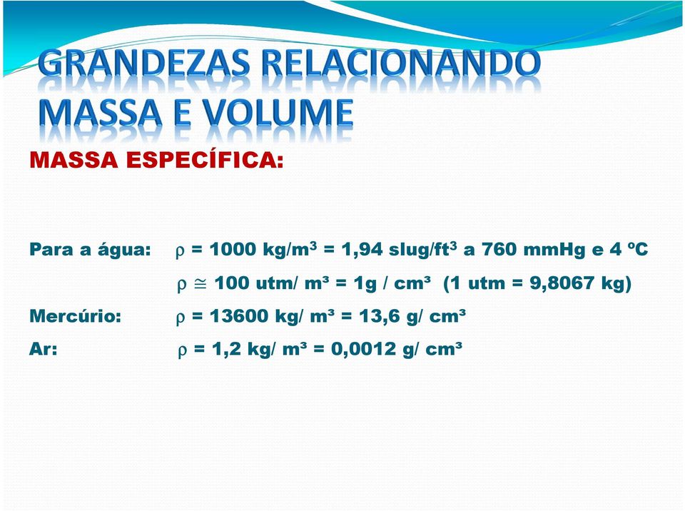 1g / cm³ (1 utm = 9,8067 kg) Mercúrio: Ar: ρ =