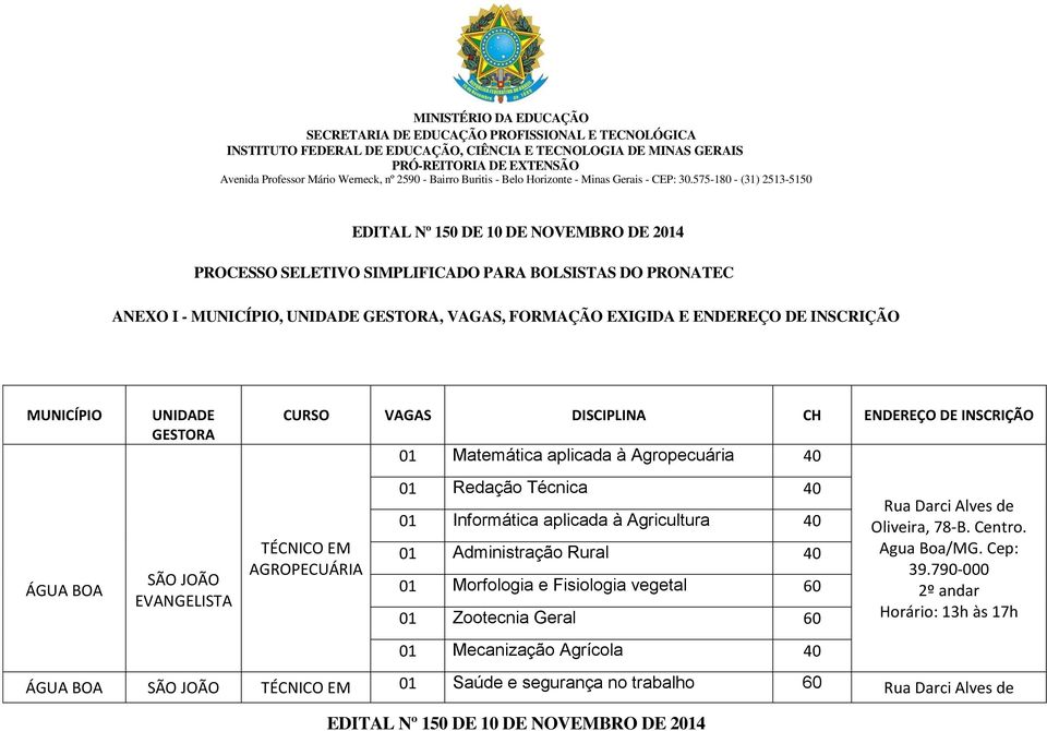 aplicada à Agricultura 40 0 Administração Rural 40 0 Morfologia e Fisiologia vegetal 0 Zootecnia Geral 0 Mecanização Agrícola 40 Rua Darci