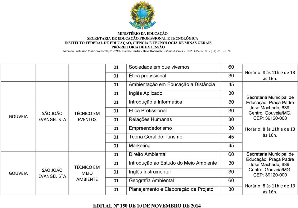 Centro. Gouveia/MG. CEP: 3920-000 0 Empreendedorismo 30 0 Teoria Geral do Turismo 45 Horário: 8 às h e de 3 às 6h.