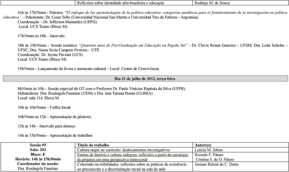 Dr. Cesar Tello (Universidad Nacional San Martin e Universidad Tres de Febrero - Argentina) Coordenação Dr. Jefferson Mainardes (UEPG). 17h30min às 18h Intervalo.