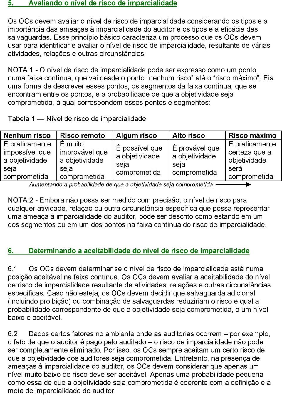 Esse princípio básico caracteriza um processo que os OCs devem usar para identificar e avaliar o nível de risco de imparcialidade, resultante de várias atividades, relações e outras circunstâncias.