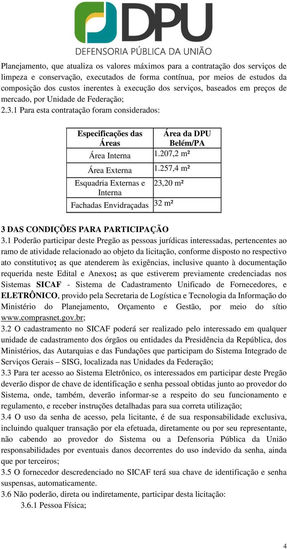 207,2 m² Área Externa 1.257,4 m² Esquadria Externas e Interna Fachadas Envidraçadas 23,20 m² 32 m² 3 DAS CONDIÇÕES PARA PARTICIPAÇÃO 3.