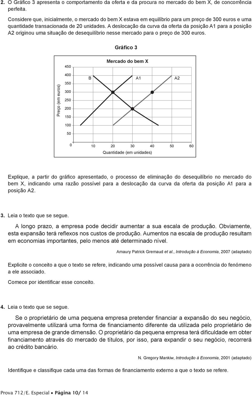 A deslocação da curva da oferta da posição A1 para a posição A2 originou uma situação de desequilíbrio nesse mercado para o preço de 300 euros.