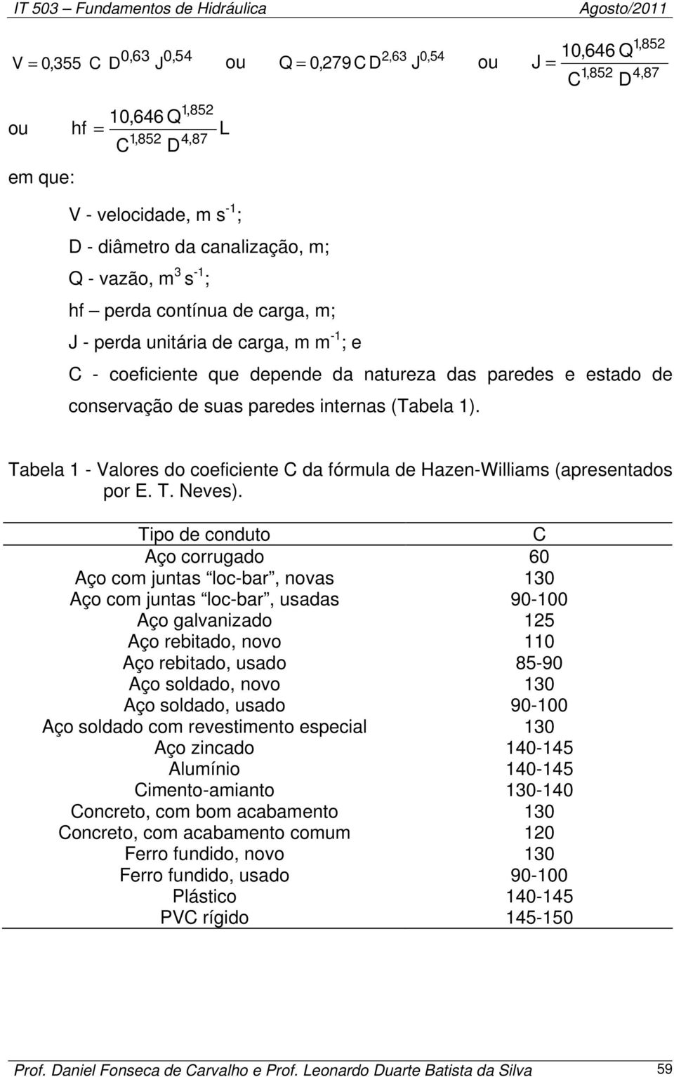 Tabla - Valors do coficit C da fórula d Haz-Willias (aprstados por E. T. Nvs).