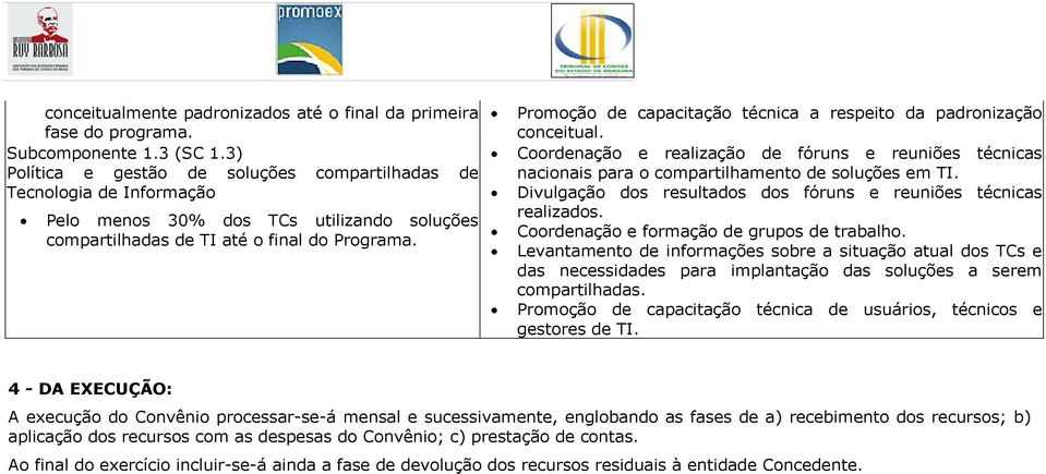 Promoção de capacitação técnica a respeito da padronização conceitual. Coordenação e realização de fóruns e reuniões técnicas nacionais para o compartilhamento de soluções em TI.