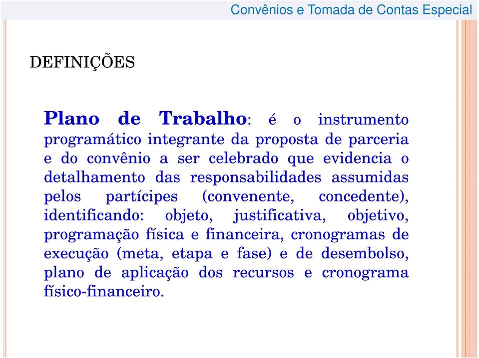 concedente), identificando: objeto, justificativa, objetivo, programação física e financeira, cronogramas de