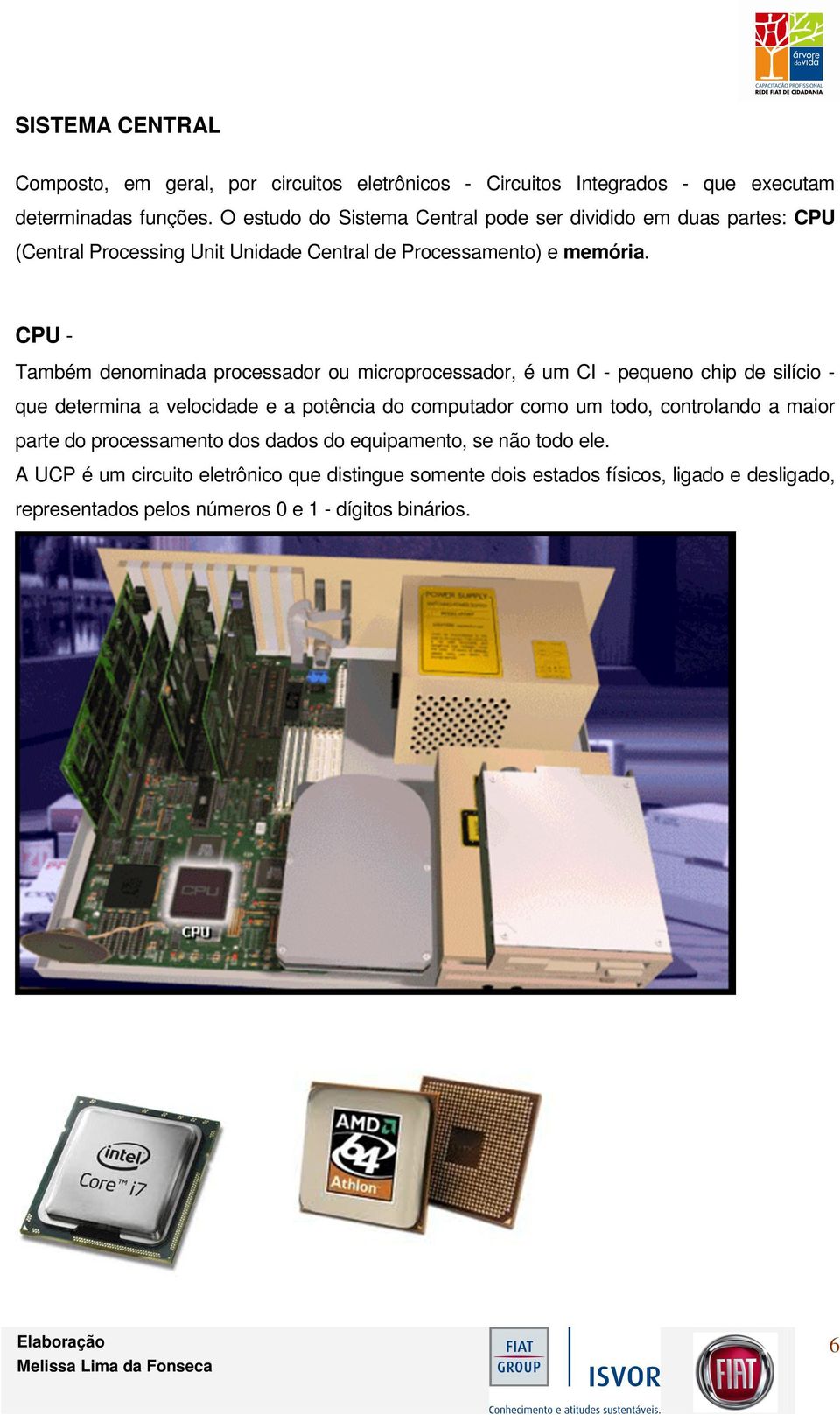 CPU - Também denominada processador ou microprocessador, é um CI - pequeno chip de silício - que determina a velocidade e a potência do computador como um todo,