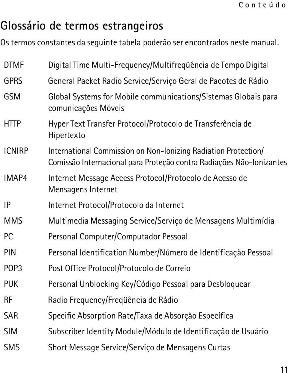 Global Systems for Mobile communications/sistemas Globais para comunicações Móveis Hyper Text Transfer Protocol/Protocolo de Transferência de Hipertexto International Commission on Non-Ionizing