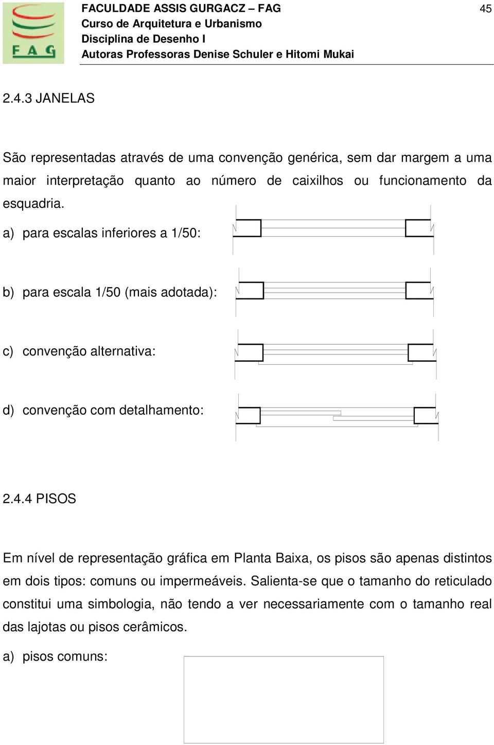 a) para escalas inferiores a 1/50: b) para escala 1/50 (mais adotada): c) convenção alternativa: d) convenção com detalhamento: 2.4.