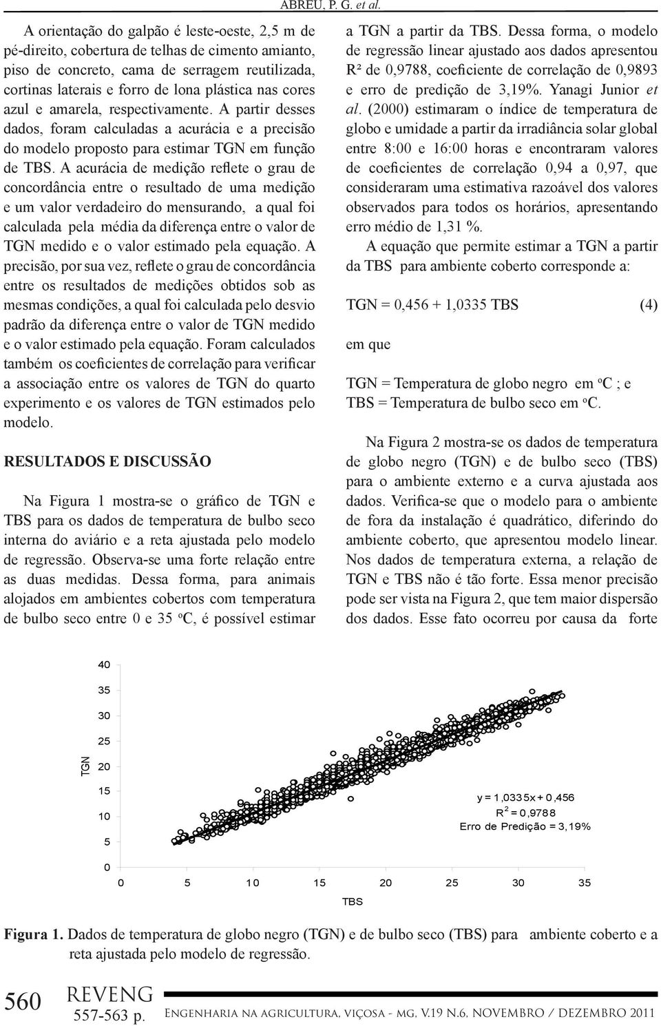 azul e amarela, respectivamente. A partir desses dados, foram calculadas a acurácia e a precisão do modelo proposto para estimar TGN em função de TBS.