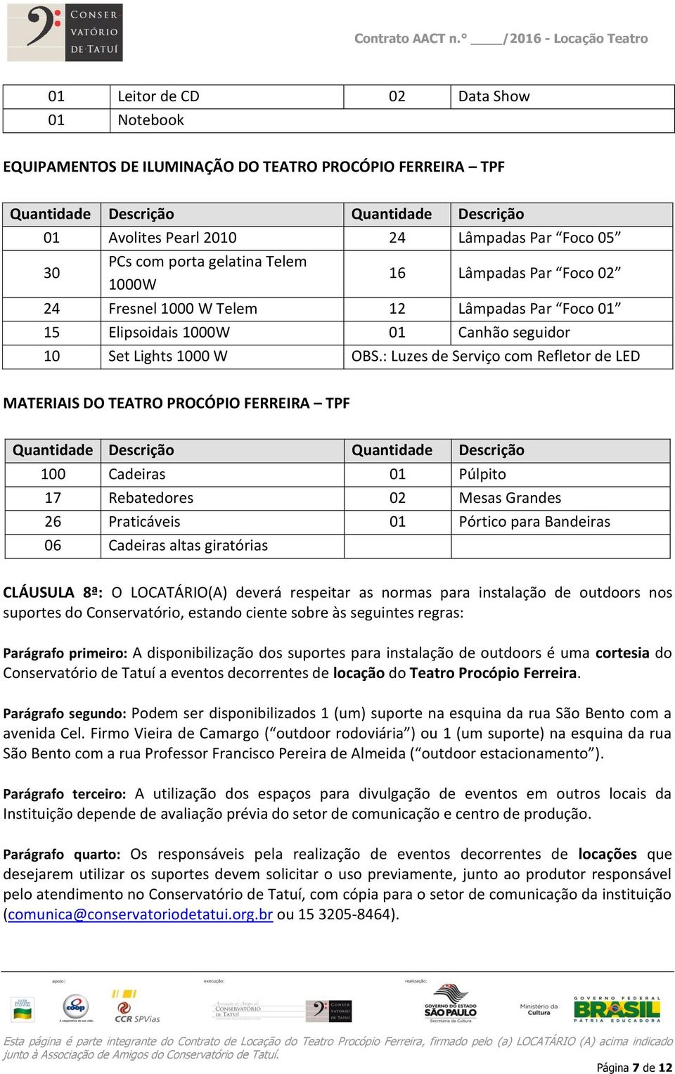 : Luzes de Serviço com Refletor de LED MATERIAIS DO TEATRO PROCÓPIO FERREIRA TPF Quantidade Descrição Quantidade Descrição 100 Cadeiras 01 Púlpito 17 Rebatedores 02 Mesas Grandes 26 Praticáveis 01