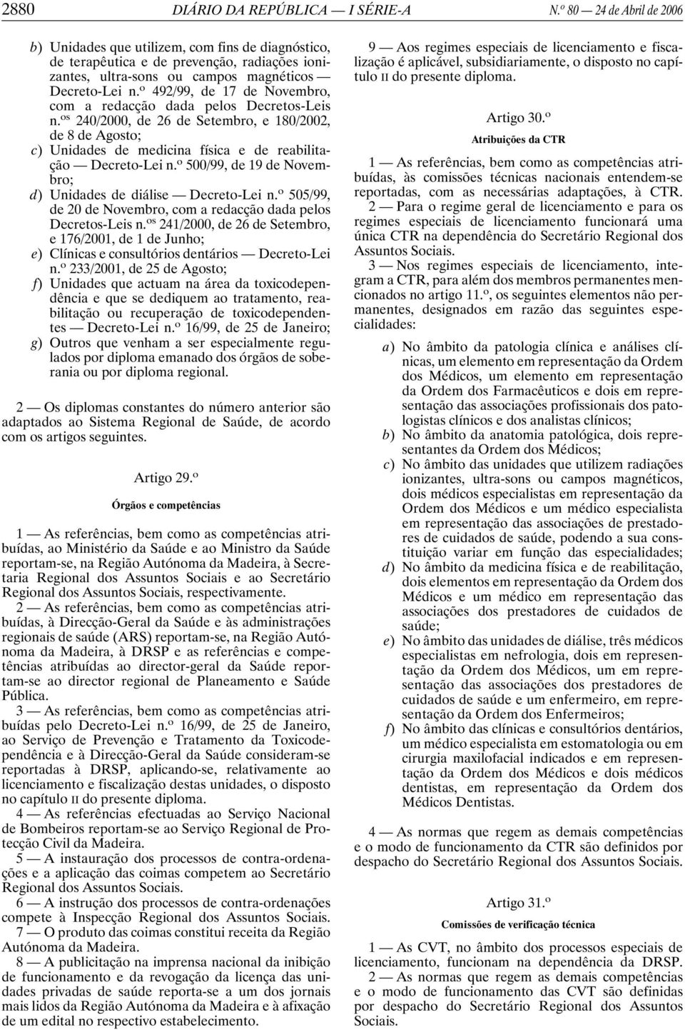 o 492/99, de 17 de Novembro, com a redacção dada pelos Decretos-Leis n. os 240/2000, de 26 de Setembro, e 180/2002, de 8 de Agosto; c) Unidades de medicina física e de reabilitação Decreto-Lei n.