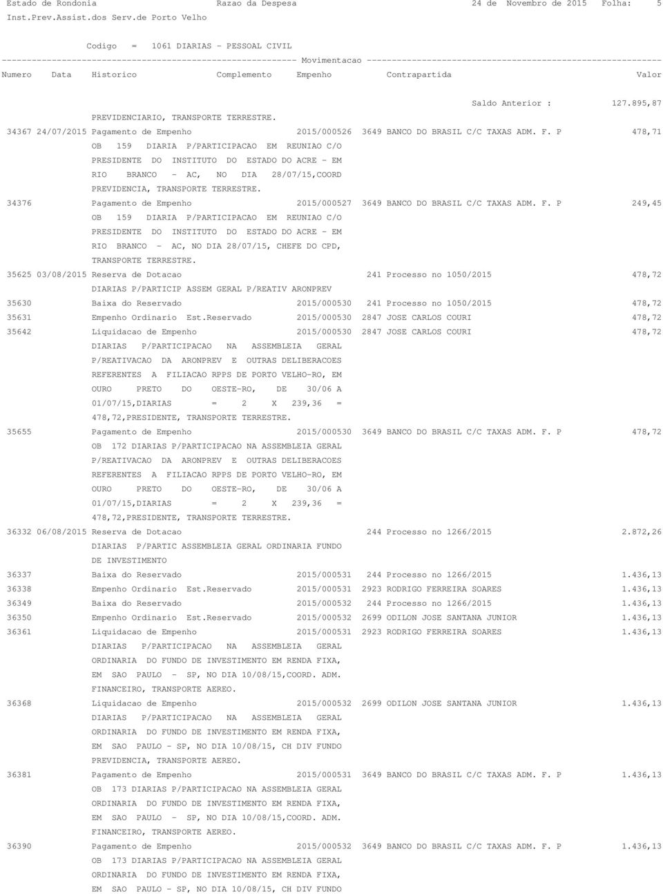 P 478,71 OB 159 DIARIA P/PARTICIPACAO EM REUNIAO C/O PRESIDENTE DO INSTITUTO DO ESTADO DO ACRE - EM RIO BRANCO - AC, NO DIA 28/07/15,COORD PREVIDENCIA, TRANSPORTE 34376 Pagamento de Empenho