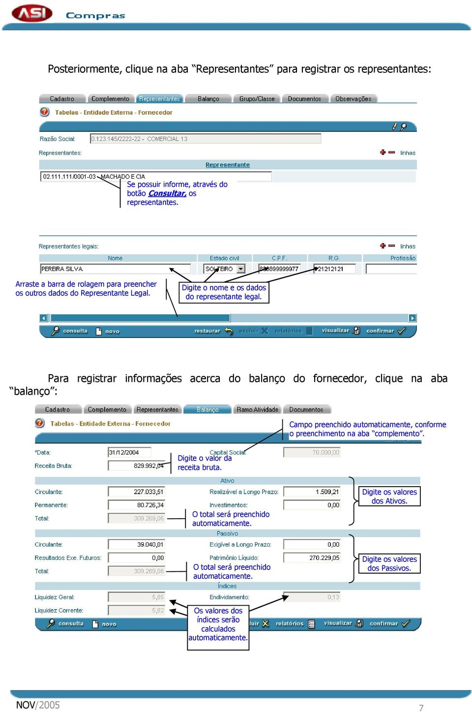 Para registrar informações acerca do balanço do fornecedor, clique na aba balanço : Campo preenchido automaticamente, conforme o preenchimento na aba complemento.