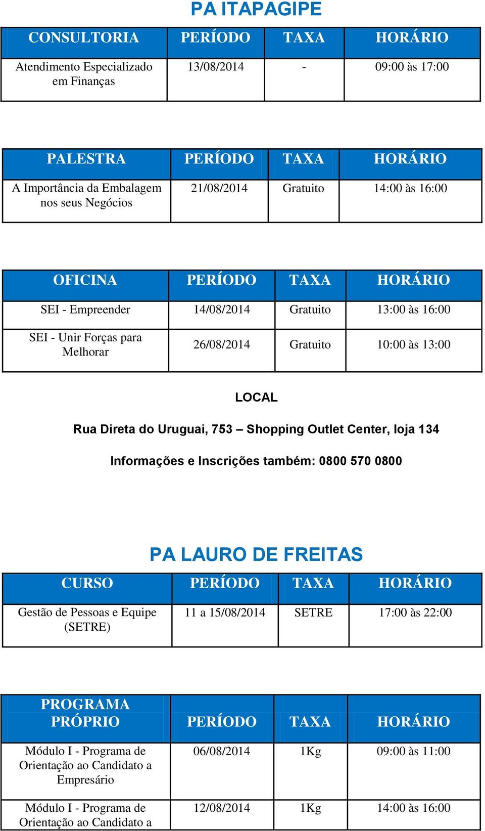 Gratuito 10:00 às 13:00 LOCAL Rua Direta do Uruguai, 753 Shopping Outlet Center, loja 134 Informações e Inscrições também: 0800 570 0800 PA LAURO DE FREITAS