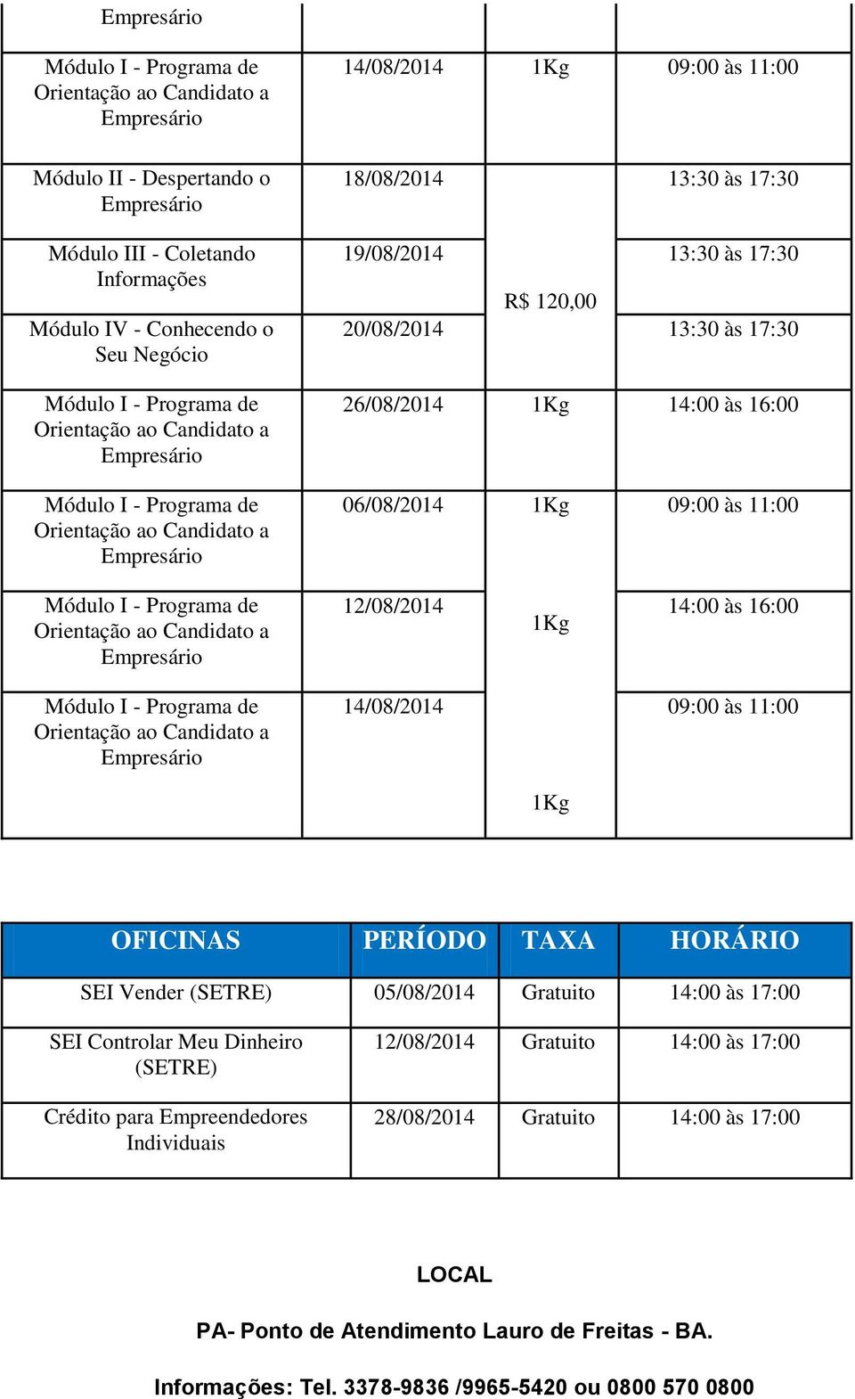 1Kg OFICINAS PERÍODO TAXA HORÁRIO SEI Vender (SETRE) 05/08/2014 Gratuito 14:00 às 17:00 SEI Controlar Meu Dinheiro (SETRE) Crédito para Empreendedores Individuais