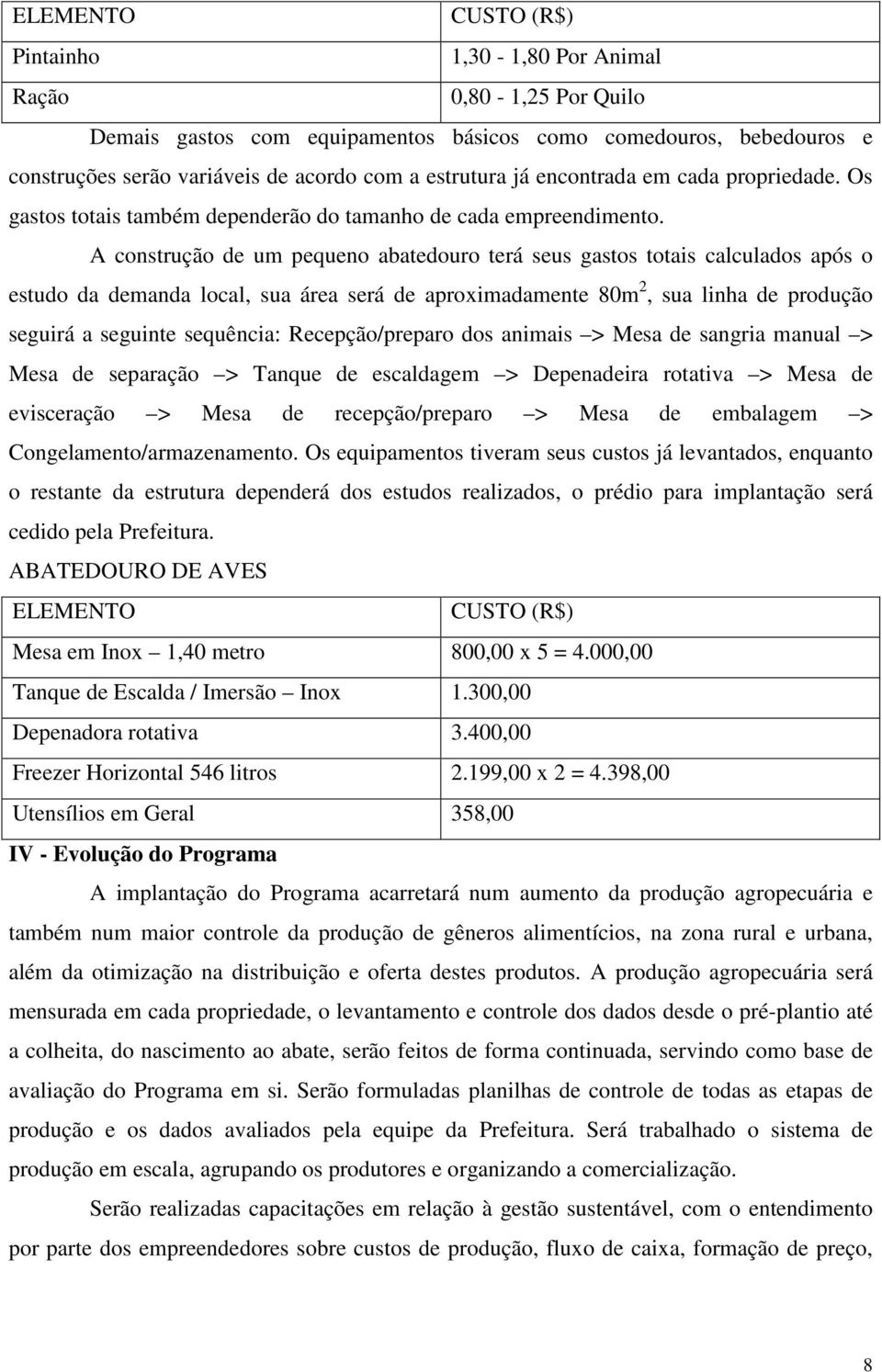 A construção de um pequeno abatedouro terá seus gastos totais calculados após o estudo da demanda local, sua área será de aproximadamente 80m 2, sua linha de produção seguirá a seguinte sequência: