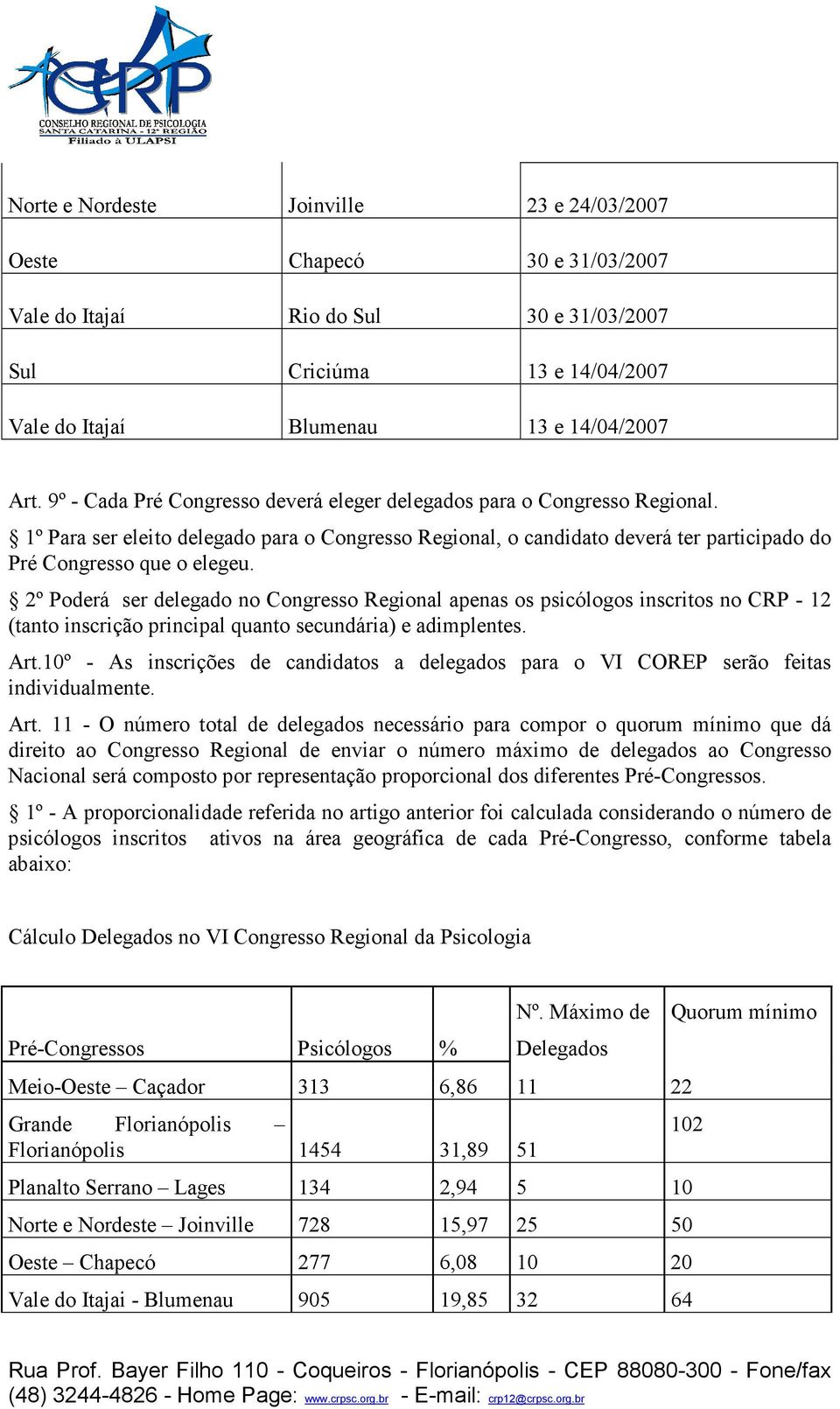 2º Poderá ser delegado no Congresso Regional apenas os psicólogos inscritos no CRP - 12 (tanto inscrição principal quanto secundária) e adimplentes. Art.