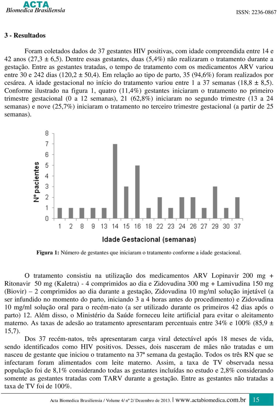 Entre as gestantes tratadas, o tempo de tratamento com os medicamentos ARV variou entre 30 e 242 dias (120,2 ± 50,4). Em relação ao tipo de parto, 35 (94,6%) foram realizados por cesárea.