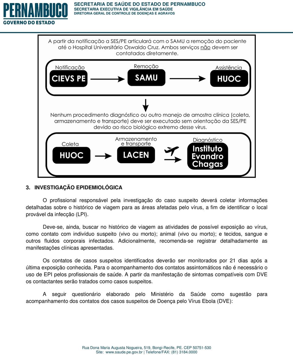 Deve-se, ainda, buscar no histórico de viagem as atividades de possível exposição ao vírus, como contato com indivíduo suspeito (vivo ou morto); animal (vivo ou morto); e tecidos, sangue e outros