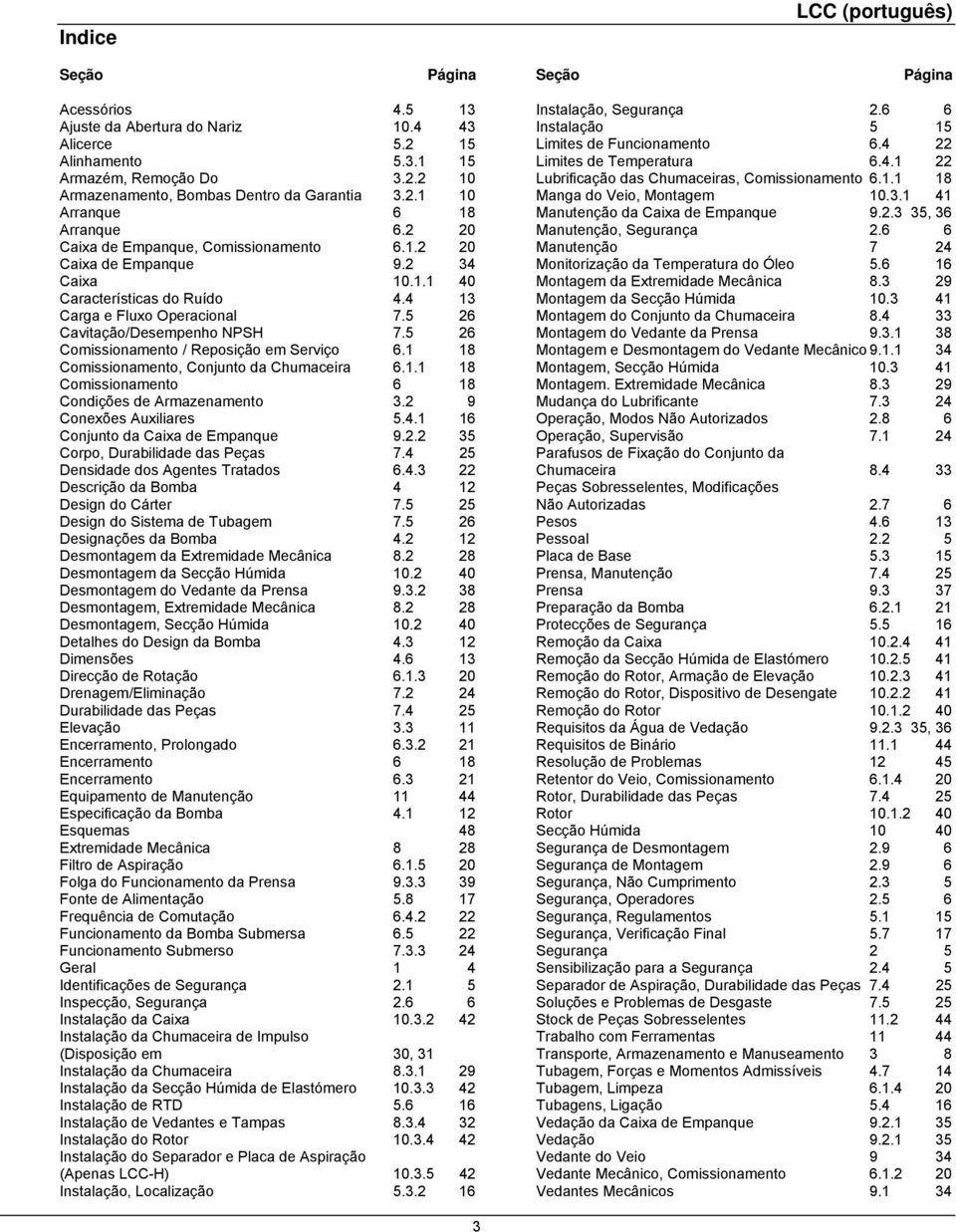 5 26 Comissionamento / Reposição em Serviço 6.1 18 Comissionamento, Conjunto da Chumaceira 6.1.1 18 Comissionamento 6 18 Condições de Armazenamento 3.2 9 Conexões Auxiliares 5.4.