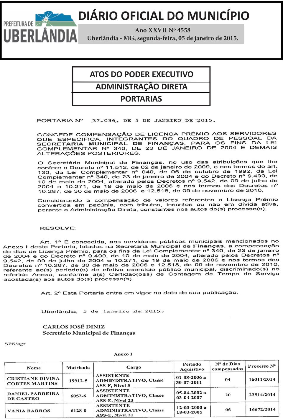 2015. ATOS DO PODER EXECUTIVO ADMINISTRAÇÃO DIRETA