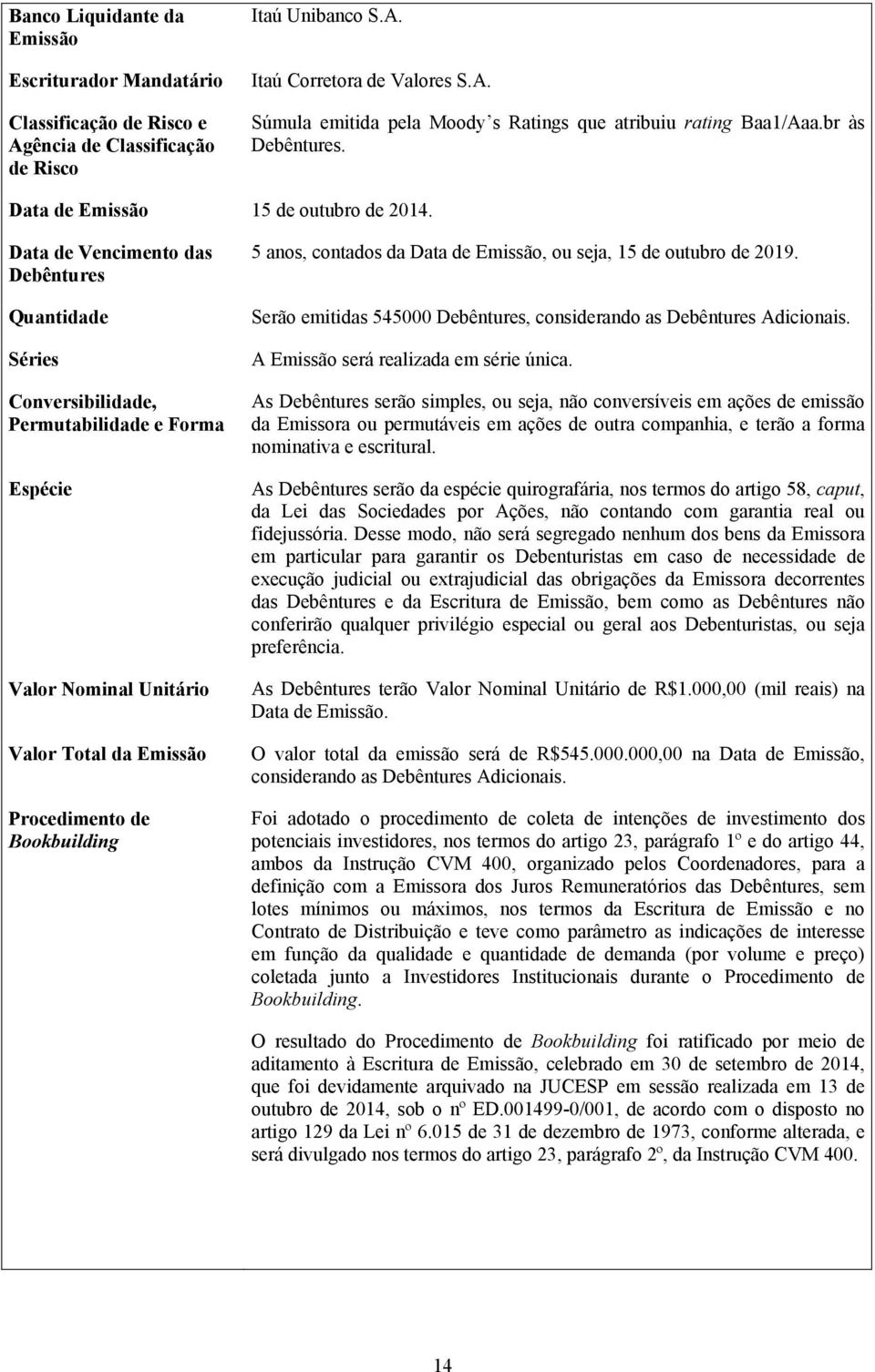 Data de Vencimento das Debêntures Quantidade Séries Conversibilidade, Permutabilidade e Forma Espécie Valor Nominal Unitário Valor Total da Emissão Procedimento de Bookbuilding 5 anos, contados da