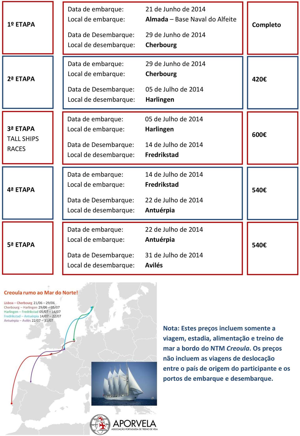 Local de embarque: Harlingen Data de Desembarque: 14 de Julho de 2014 Local de desembarque: Fredrikstad 600 4ª ETAPA Data de embarque: 14 de Julho de 2014 Local de embarque: Fredrikstad Data de