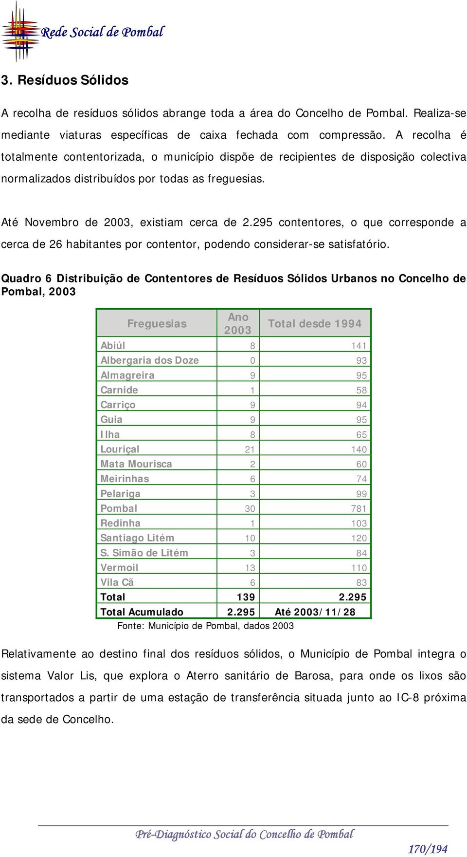 295 contentores, o que corresponde a cerca de 26 habitantes por contentor, podendo considerar-se satisfatório.