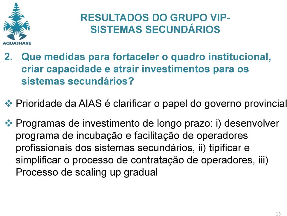 Prioridade da AIAS é clarificar o papel do governo provincial Programas de investimento de longo prazo: i) desenvolver