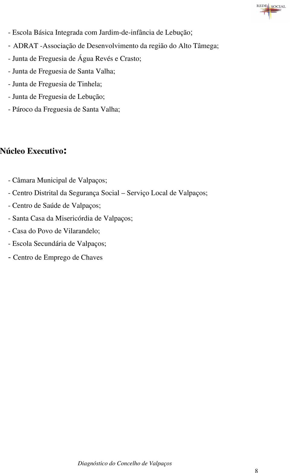 de Santa Valha; Núcleo Executivo: - Câmara Municipal de Valpaços; - Centro Distrital da Segurança Social Serviço Local de Valpaços; - Centro de