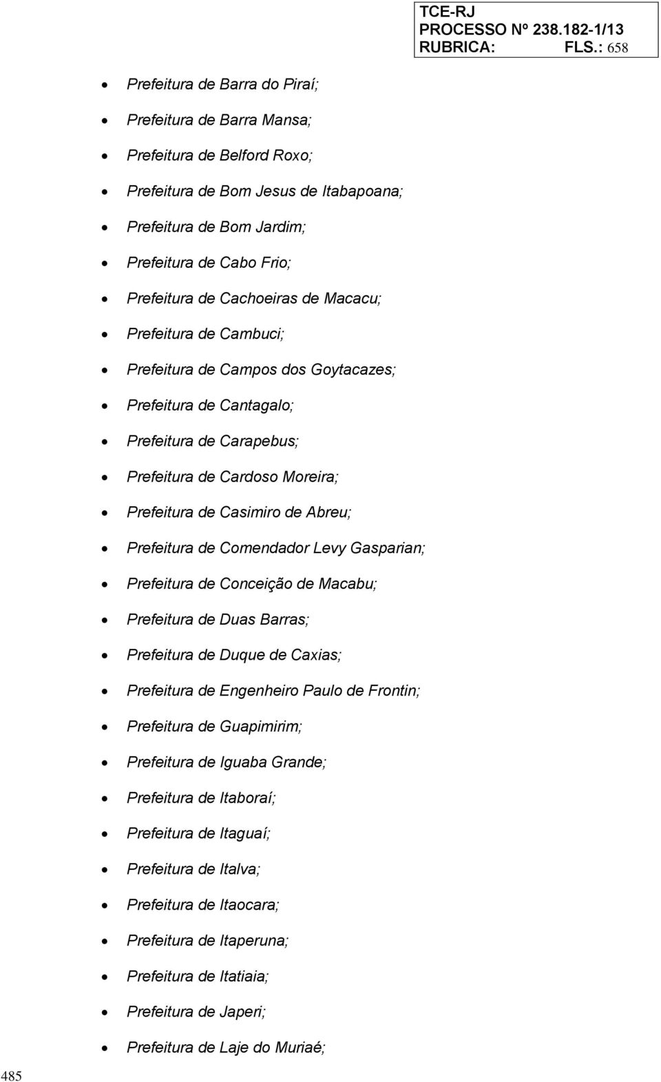 Cachoeiras de Macacu; Prefeitura de Cambuci; Prefeitura de Campos dos Goytacazes; Prefeitura de Cantagalo; Prefeitura de Carapebus; Prefeitura de Cardoso Moreira; Prefeitura de Casimiro de Abreu;