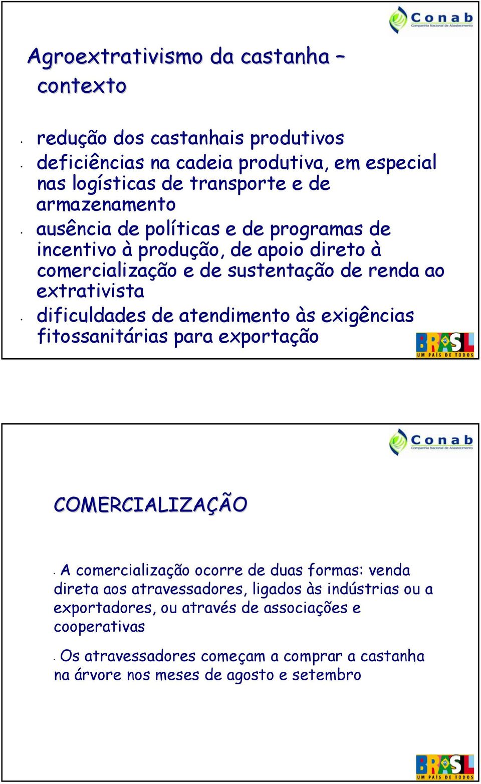 dificuldades de atendimento às exigências fitossanitárias para exportação COMERCIALIZAÇÃO A comercialização ocorre de duas formas: venda direta aos