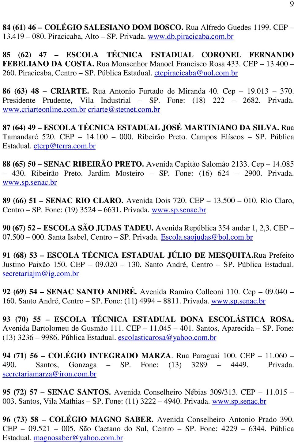 br 86 (63) 48 CRIARTE. Rua Antonio Furtado de Miranda 40. Cep 19.013 370. Presidente Prudente, Vila Industrial SP. Fone: (18) 222 2682. Privada. www.criarteonline.com.