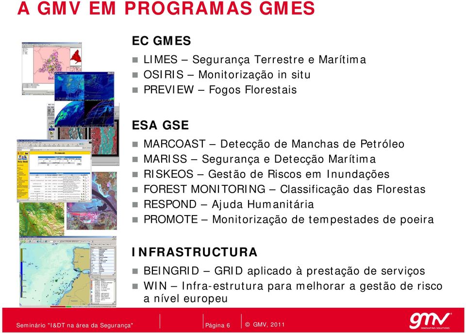 Marítima RISKEOS Gestão de Riscos em Inundações FOREST MONITORING Classificação das Florestas RESPOND Ajuda Humanitária PROMOTE Monitorização de