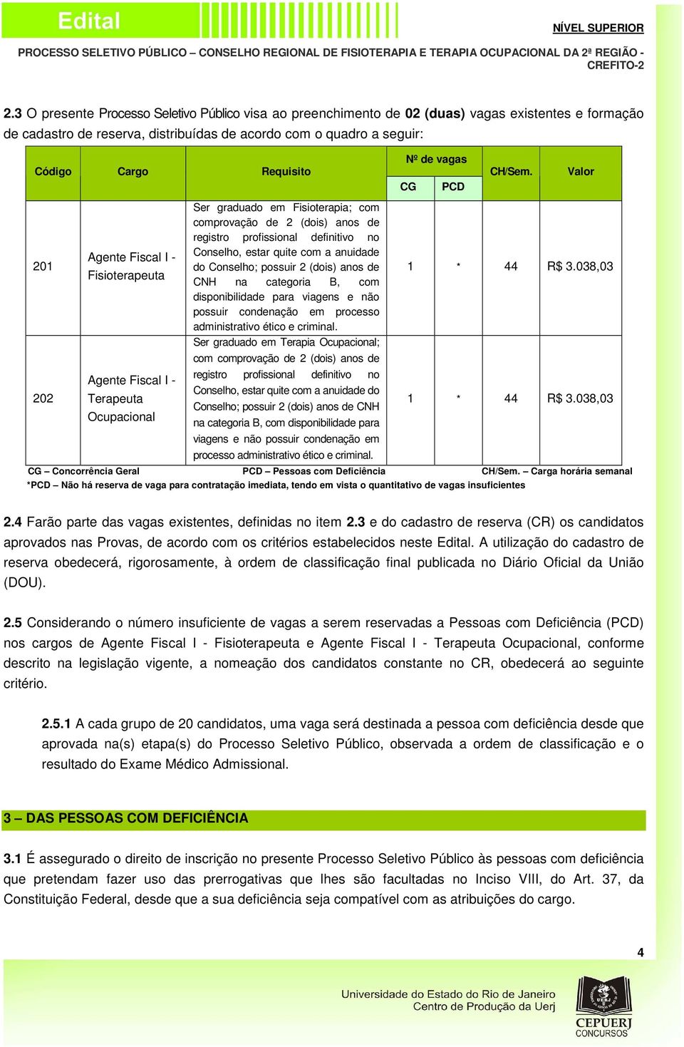 Valor CG PCD 201 202 Agente Fiscal I - Fisioterapeuta Agente Fiscal I - Terapeuta Ocupacional Ser graduado em Fisioterapia; com comprovação de 2 (dois) anos de registro profissional definitivo no