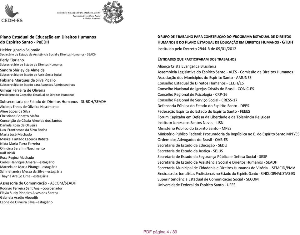 Ferreira de Oliveira Presidente do Conselho Estadual de Direitos Humanos Subsecretaria de Estado de Direitos Humanos - SUBDH/SEADH Alcionis Ennes de Oliveira Nascimento Aline Lopes da Silva