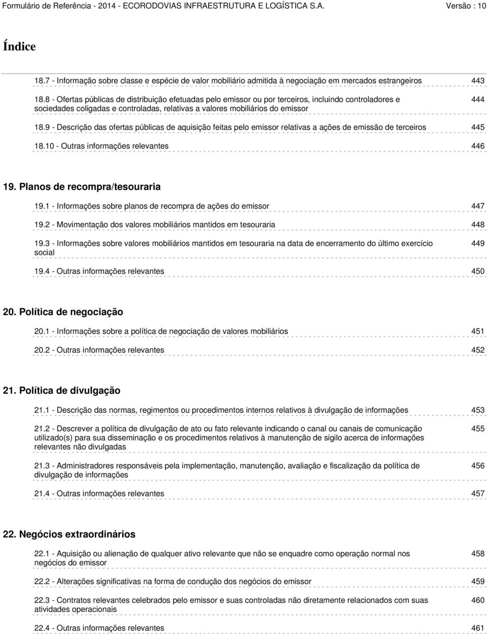 9 - Descrição das ofertas públicas de aquisição feitas pelo emissor relativas a ações de emissão de terceiros 445 18.10 - Outras informações relevantes 446 19. Planos de recompra/tesouraria 19.