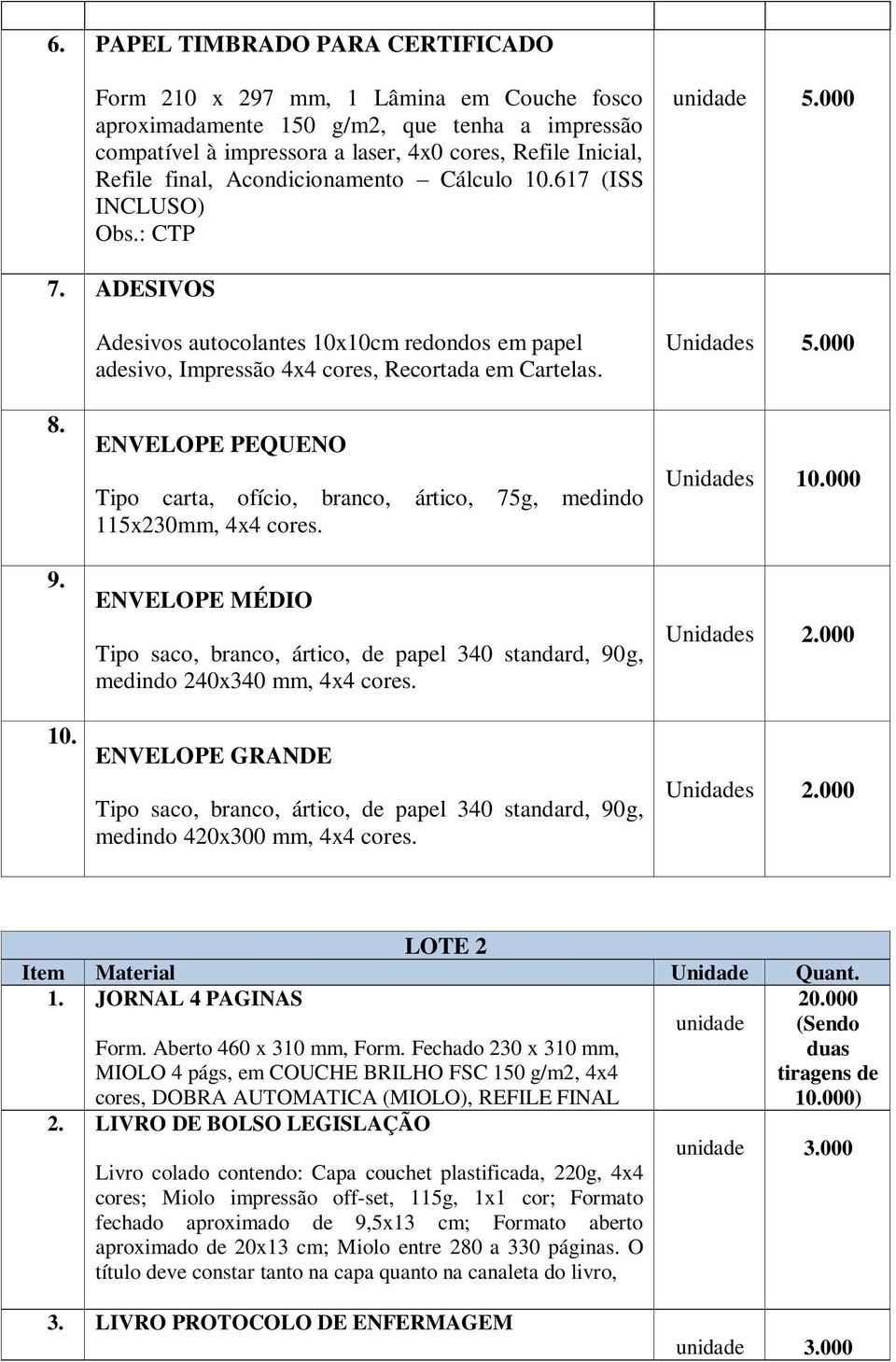 ENVELOPE PEQUENO Tipo carta, ofício, branco, ártico, 75g, medindo 115x230mm, 4x4 cores. ENVELOPE MÉDIO Tipo saco, branco, ártico, de papel 340 standard, 90g, medindo 240x340 mm, 4x4 cores. Unidades 5.