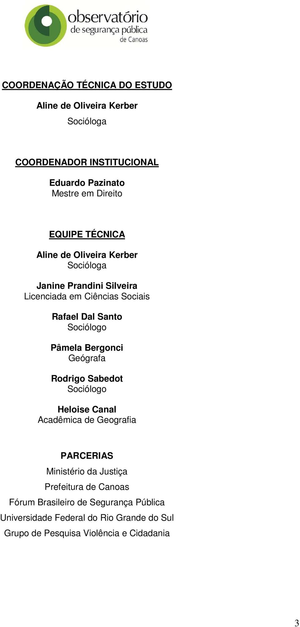 Sociólogo Pâmela Bergonci Geógrafa Rodrigo Sabedot Sociólogo Heloise Canal Acadêmica de Geografia PARCERIAS Ministério da Justiça