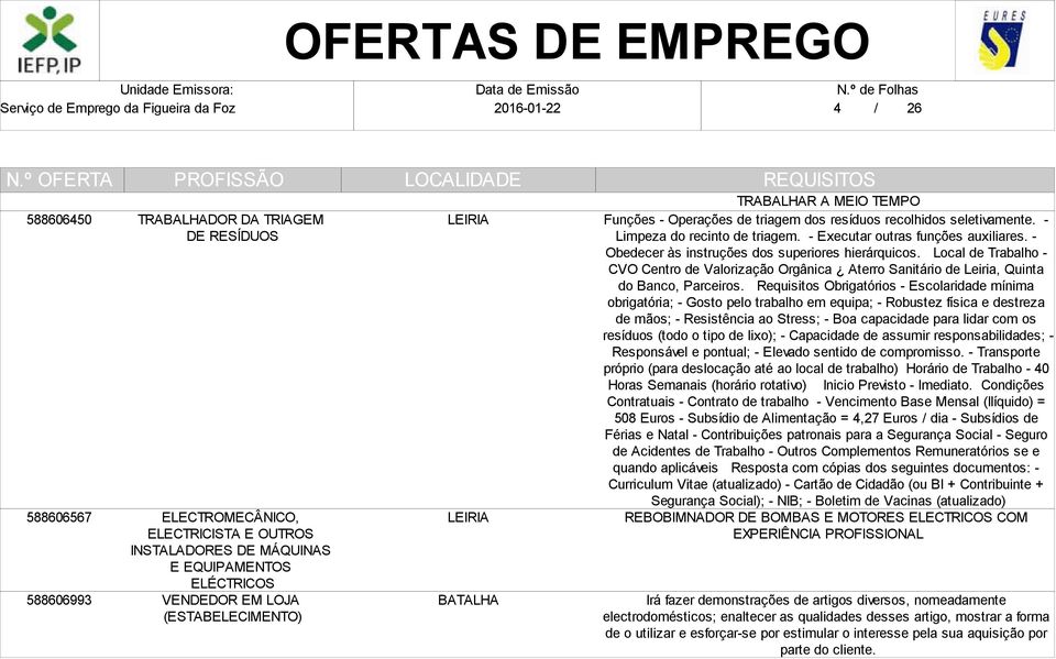 - Obedecer às instruções dos superiores hierárquicos. Local de Trabalho - CVO Centro de Valorização Orgânica Aterro Sanitário de Leiria, Quinta do Banco, Parceiros.