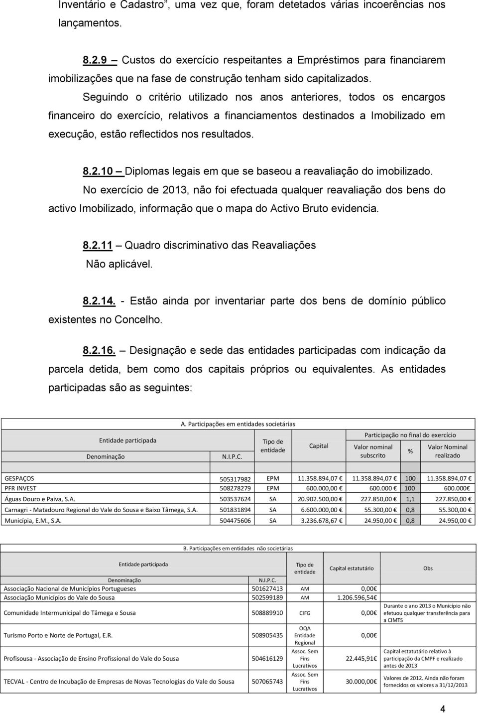 Seguindo o critério utilizado nos anos anteriores, todos os encargos financeiro do exercício, relativos a financiamentos destinados a Imobilizado em execução, estão reflectidos nos resultados. 8.2.