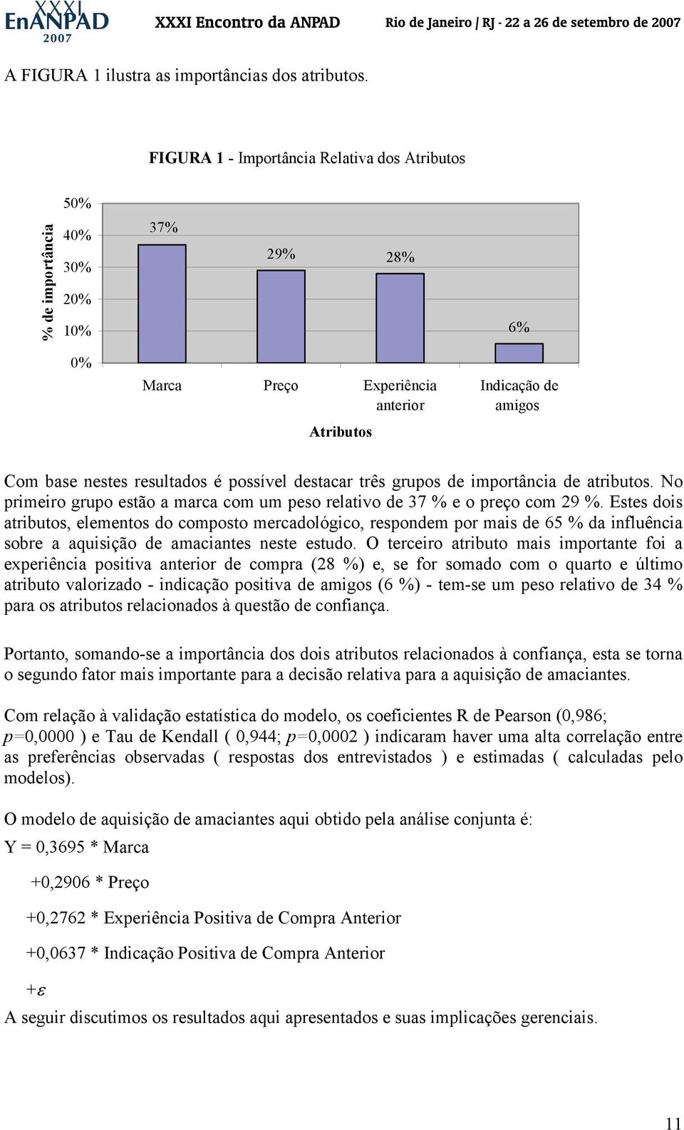 possível destacar três grupos de importância de atributos. No primeiro grupo estão a marca com um peso relativo de 37 % e o preço com 29 %.