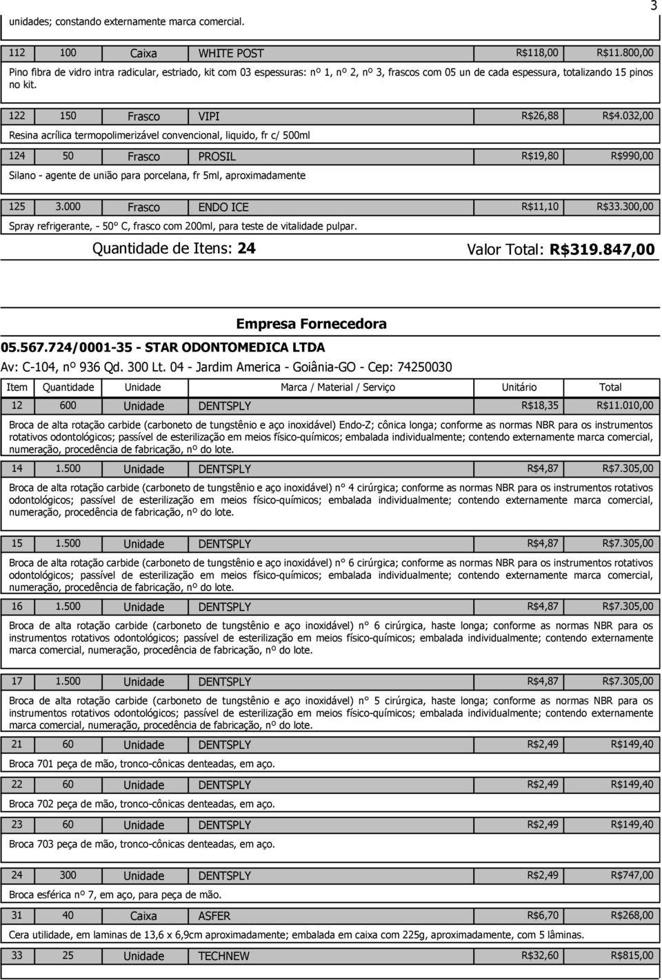 032,00 Resina acrílica termopolimerizável convencional, liquido, fr c/ 500ml 124 50 Frasco PROSIL R$19,80 R$990,00 Silano - agente de união para porcelana, fr 5ml, aproximadamente 125 3.