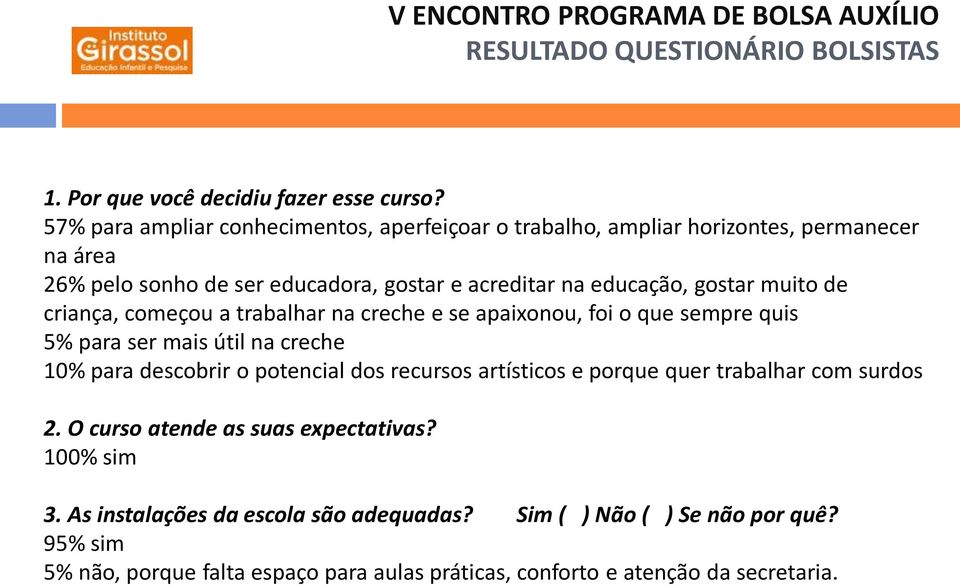 educação, gostar muito de criança, começou a trabalhar na creche e se apaixonou, foi o que sempre quis 5% para ser mais útil na creche 10% para descobrir o