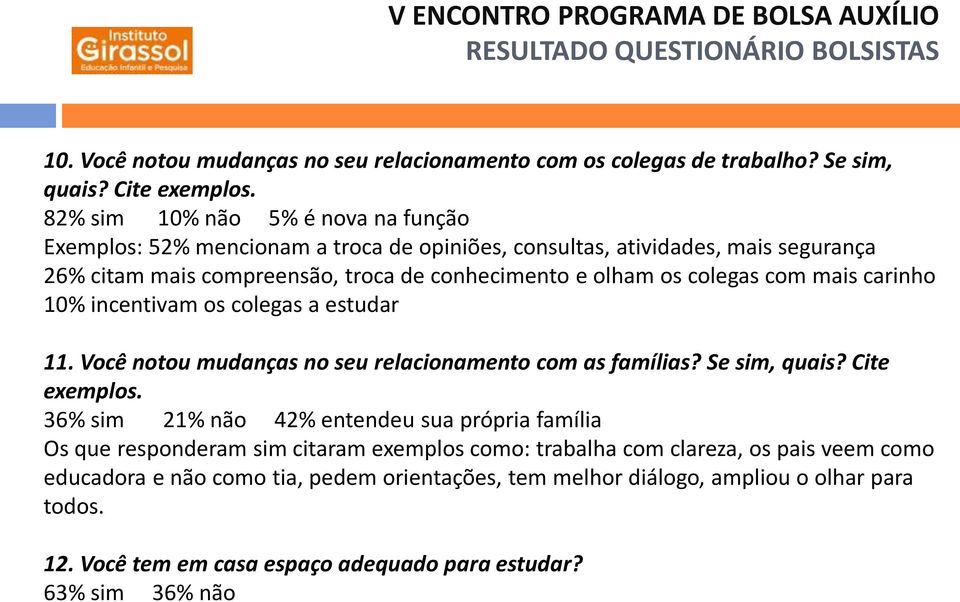 colegas com mais carinho 10% incentivam os colegas a estudar 11. Você notou mudanças no seu relacionamento com as famílias? Se sim, quais? Cite exemplos.