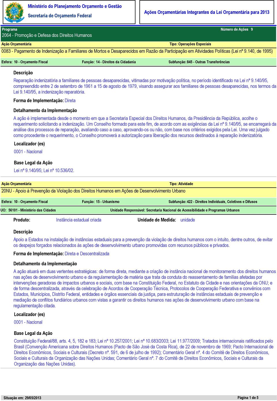 140, de 1995) Esfera: 10 - Orçamento Fiscal Função: 14 - Direitos da Cidadania Subfunção: 845 - Outras Transferências Reparação indenizatória a familiares de pessoas desaparecidas, vitimadas por