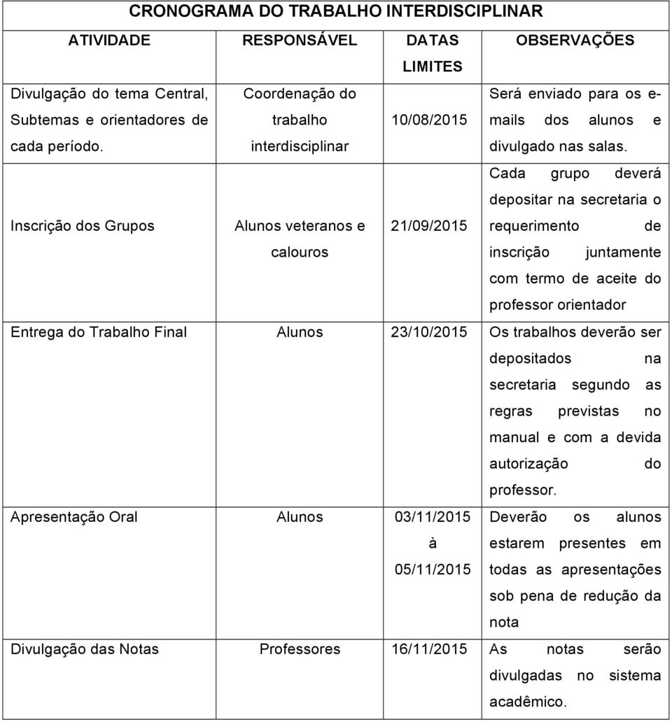 Cada grupo deverá depositar na secretaria o Inscrição dos Grupos Alunos veteranos e 21/09/2015 requerimento de calouros inscrição juntamente com termo de aceite do professor orientador Entrega do